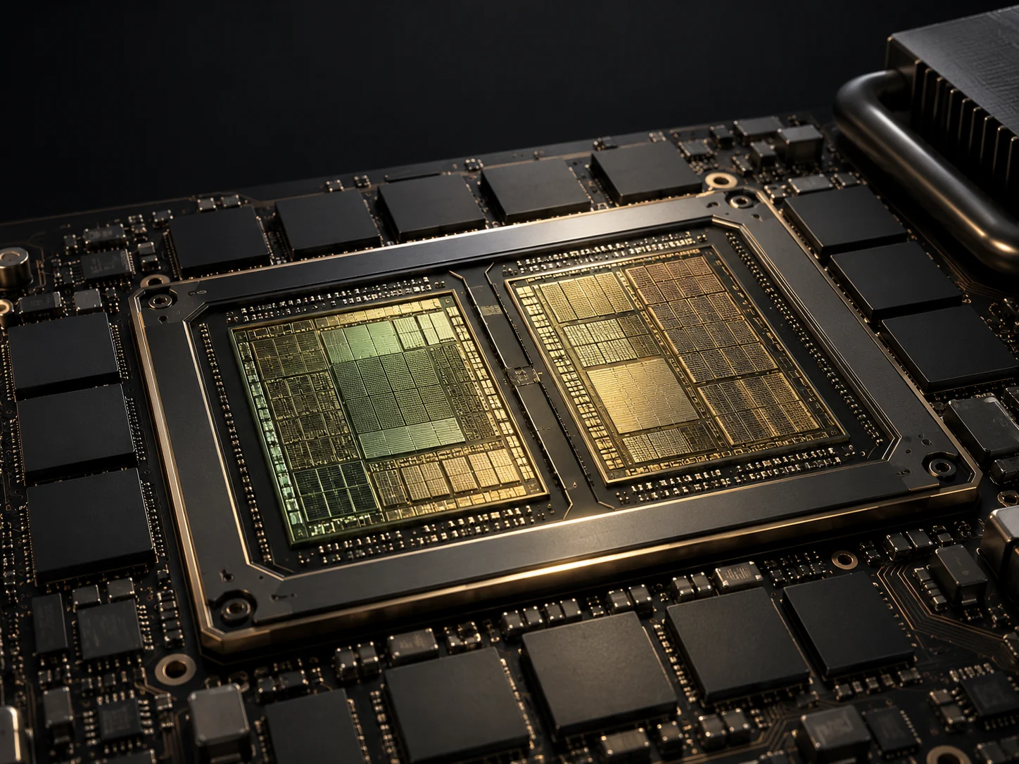 Representación conceptual de un superchip con dos áreas de silicio y módulos de memoria sobre una placa de grafito.